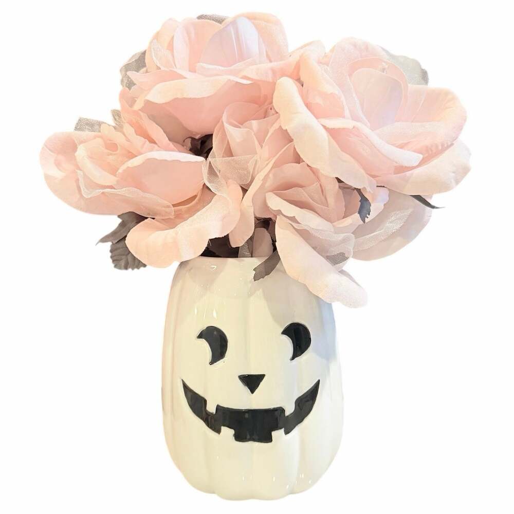 Cute Halloween Haunted Forest Jack O Lantern Vase and Rose Flower Bouquet NWT
